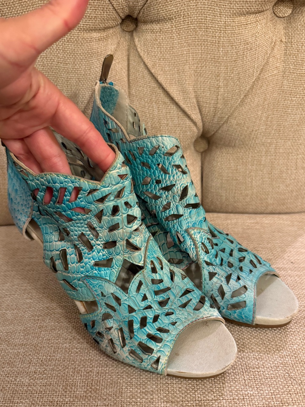 Women's Turquoise & White Laser-Cut Peep-Toe Heels